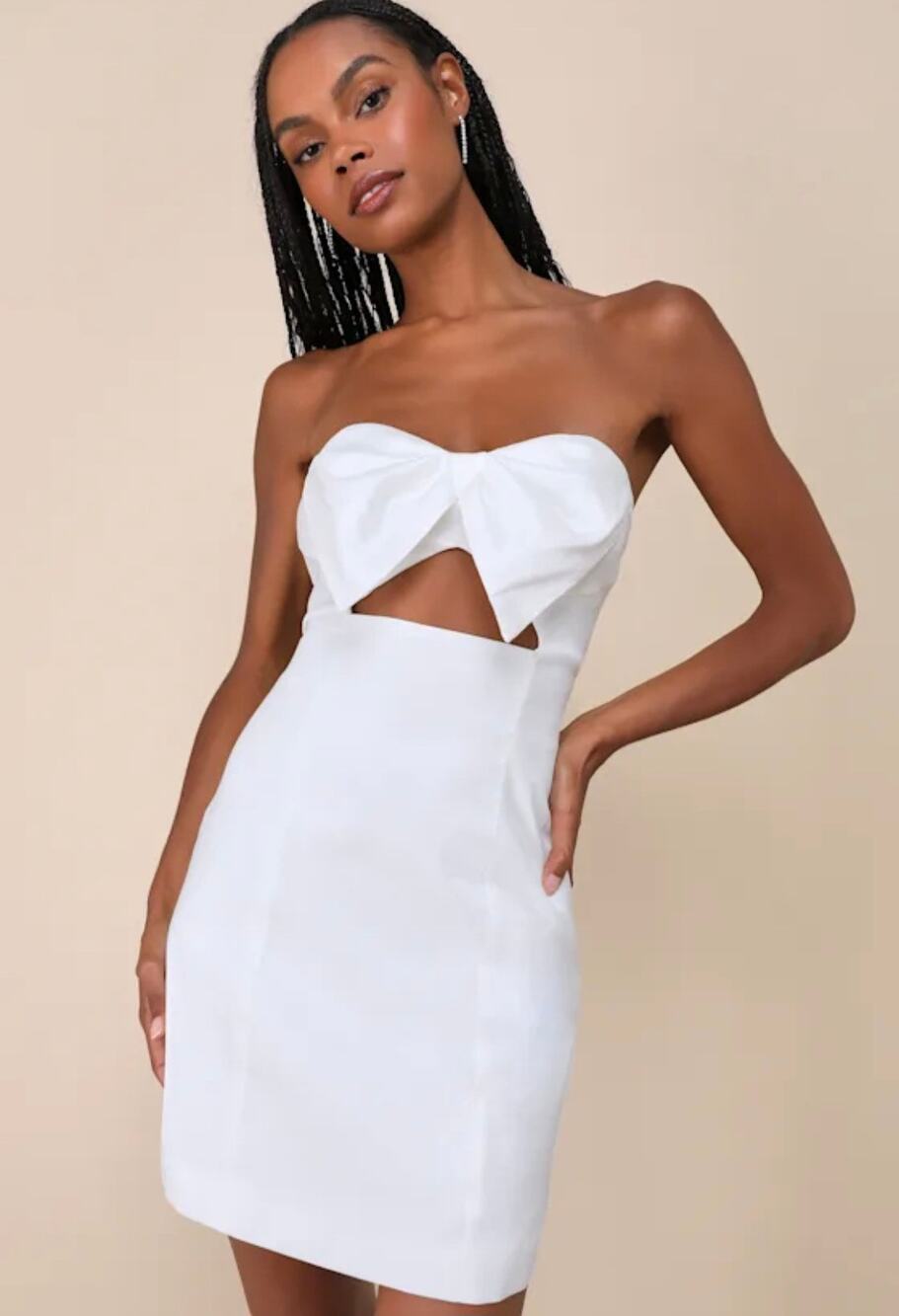 Lulus Especially Perfect White Taffeta Bow Cutout Strapless Mini Dress Small S